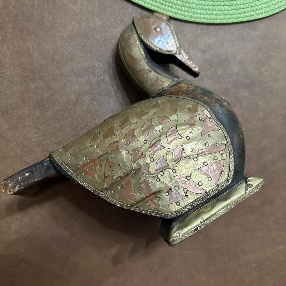 1950’s wooden & Brass Armored carved duck statue